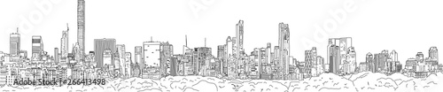 Hand drawn illustration. Panoramic view of the New York City skyline from the vantage point of the Upper East Side, with all the famous towers.