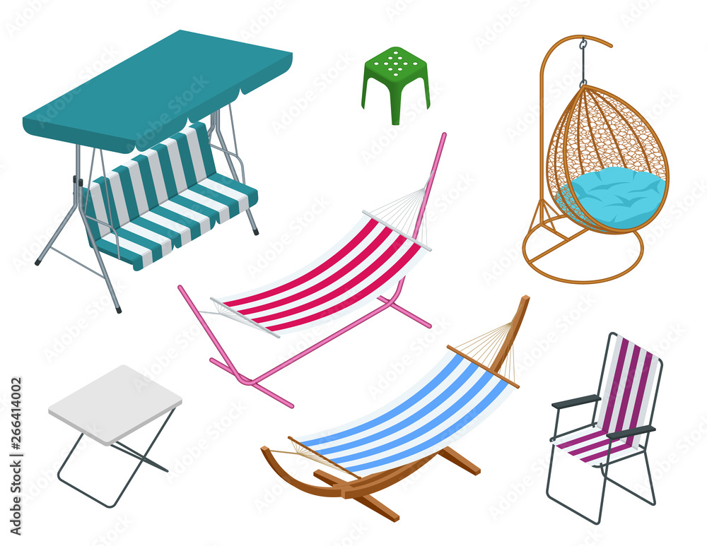 Fototapeta premium Isometric garden swings isolated on white background. Place for outdoor recreation. Set of Garden swings