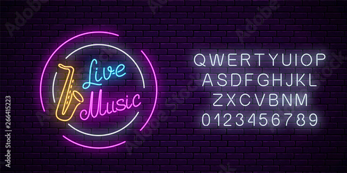 Neon sign of bar with live music with alphabet. Advertising glowing signboard of sound cafe with saxophone symbol.
