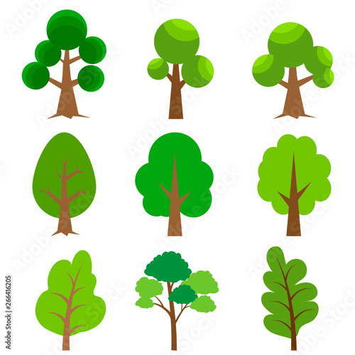 Cartoon trees. Big set difference shape tree. Vector illustration tree for game design or landscape nature in park.