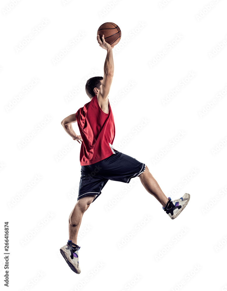 Basketball player in action isolated on white background - obrazy, fototapety, plakaty 