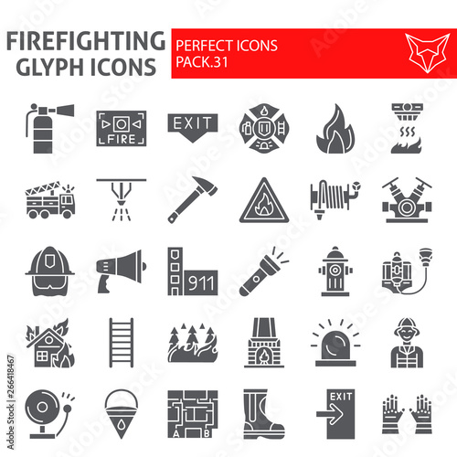Firefighter glyph icon set, fireman symbols collection, vector sketches, logo illustrations, fire safety signs solid pictograms package isolated on white background.