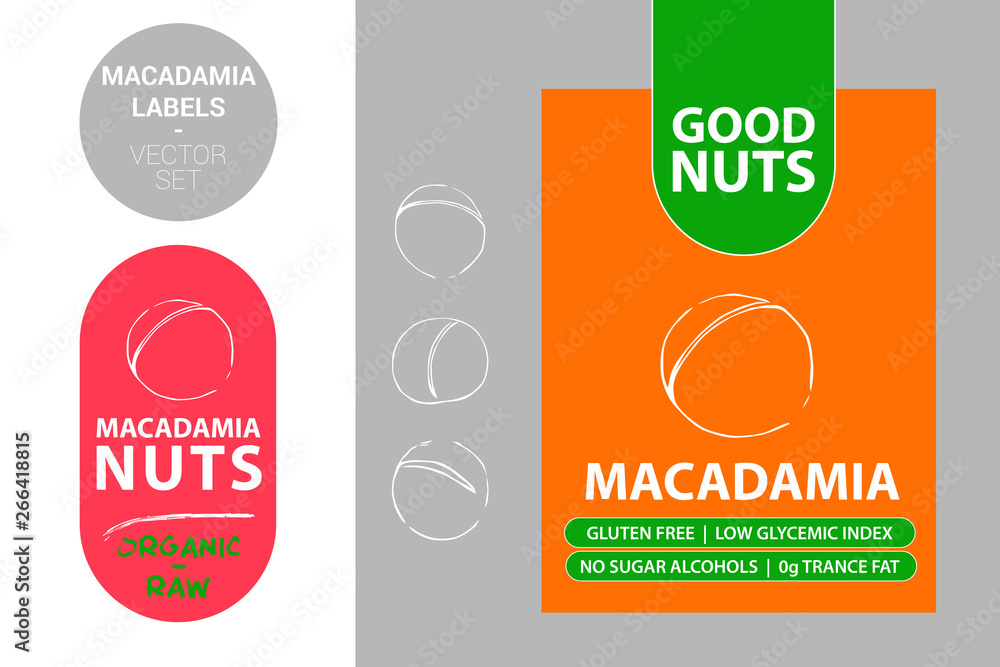 Macadamia nuts colorful labels. Line stroke hand drawn nuts. Nut Badge