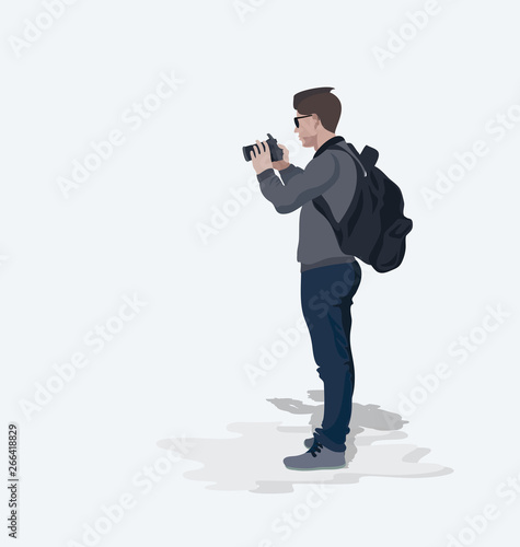 Photographer. Illustration of a character isolated on a light background. Young man. Vector illustration in flat style with space for text.