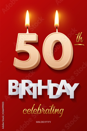 Burning Birthday candles in the form of number 50 figure and Happy Birthday celebrating text with party cane isolated on red background. Vector fiftieth Birthday invitation template.