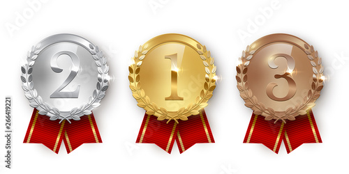 Award golden, silver and bronze medals with ribbons 3d realistic vector color illustration on white background