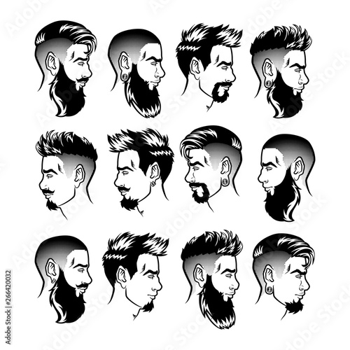 Set of vector bearded men faces profile hipsters heads with different haircuts, mustaches, beards. Silhouettes or avatars, emblems and icons, labels