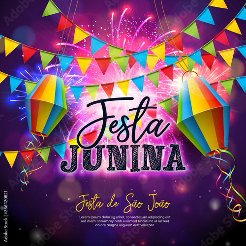 Festa Junina Illustration with Flags and Paper Lantern on Firework Background. Vector Brazil June Festival Design for Invitation or Holiday Celebration Poster.