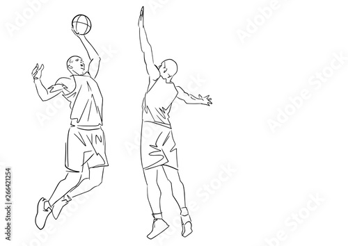 Two basketball players with a ball. Black contour. Isolated silhouette. Abstract drawing. Active pose. Hand drawn sketch. Vector outline. Sport illustration.