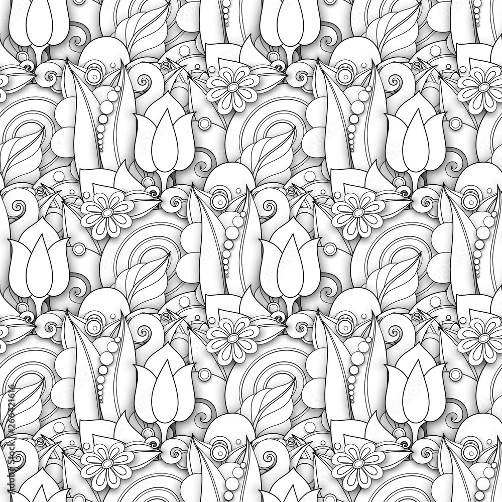 Fototapeta premium Monochrome Seamless Pattern with Floral Motifs