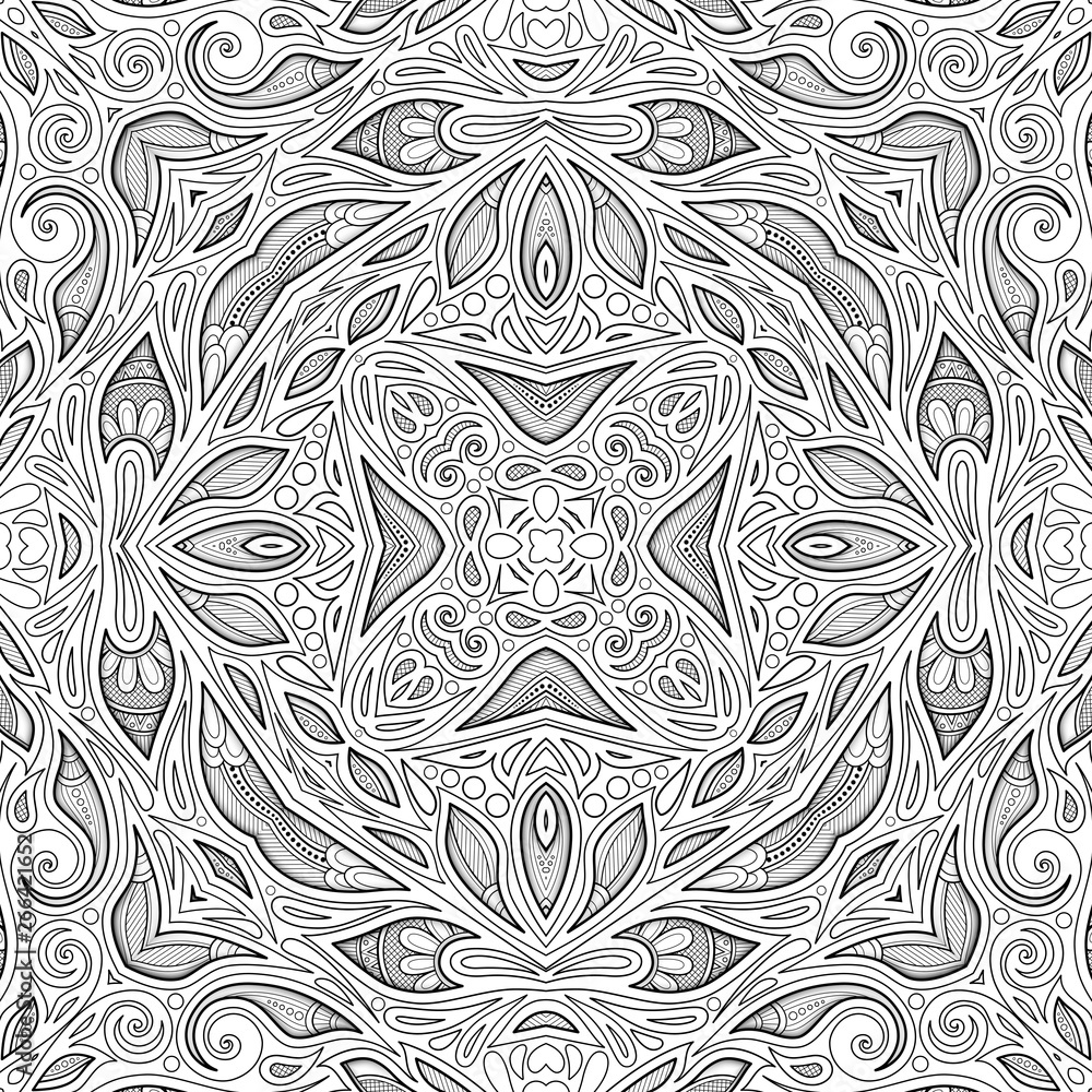 Monochrome Seamless Pattern with Floral Ethnic Motifs Monochrome Seamless Pattern with Floral Ethnic Motifs
