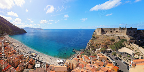 Fototapeta Naklejka Na Ścianę i Meble -  Panorama with beautiful beaches and old castle of medieval town of Scilla in Calabria, Italy. Italian summer travel holiday.