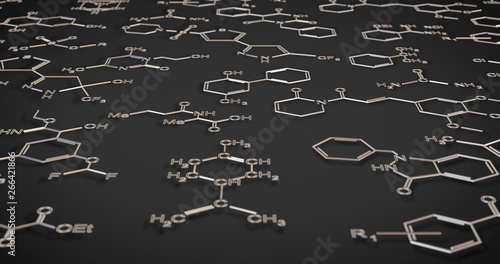 Molecular biology structures of organic chemistry. View over models of molecules and formulas. Chemical scientific background.