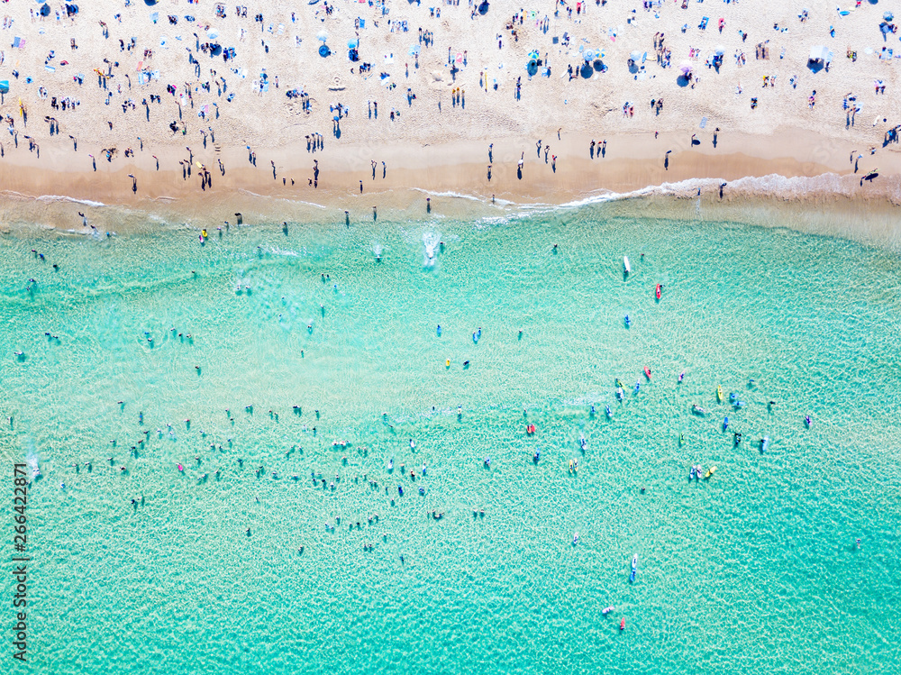 Naklejka premium Bondi Beach aerial view on a perfect summer day with people swimming and sunbathing. Bondi is one of Sydney’s busiest beaches and is located on the East Coast of Australia