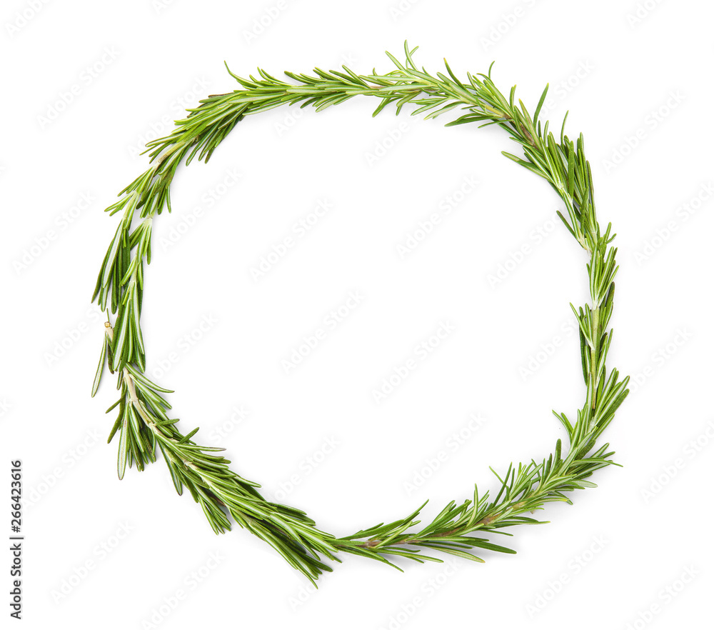 Frame made of fresh rosemary twigs on white background, top view. Space for text Frame made of fresh rosemary twigs on white background, top view. Space for text