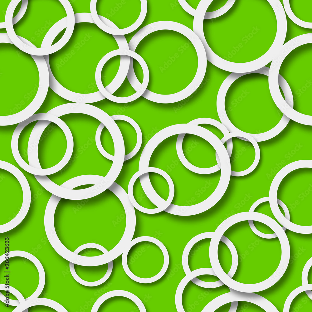 Abstract seamless pattern of randomly arranged white rings with soft shadows on green background Abstract seamless pattern of randomly arranged white rings with soft shadows on green background