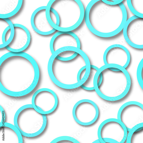 Abstract seamless pattern of randomly arranged light blue rings with soft shadows on white background