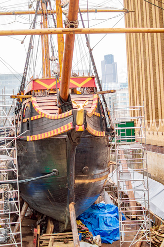 The golden hinde ship in london made of wood and other parts photo