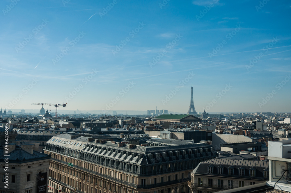 Vista Panorámica de París con la icónica Torre Eiffel en el Fondo  desde los alto de un edificio 