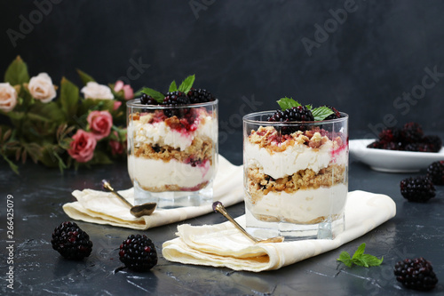 Curd dessert with blackberries and cookies in glass on a dark background