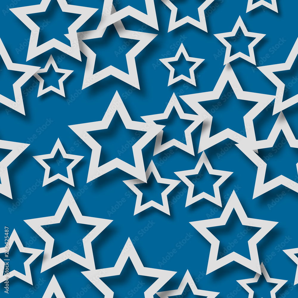 Obraz premium Abstract seamless pattern of randomly arranged white stars with soft shadows on blue background