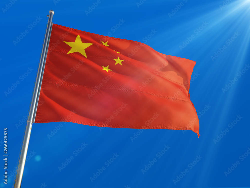 China National Flag Waving on pole against deep blue sky background. High Definition China National Flag Waving on pole against deep blue sky background. High Definition