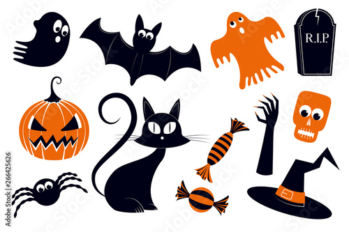Halloween illustration - pumpkin  cat  witch hat  skull