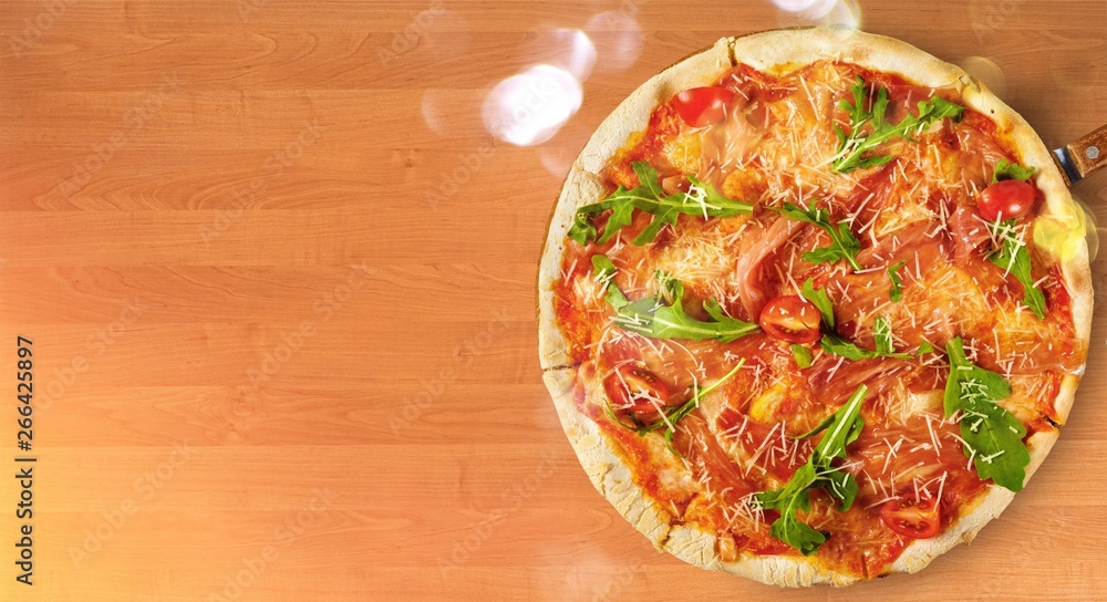 Freshly baked pizza on tray on white background, top view Freshly baked pizza on tray on white background, top view