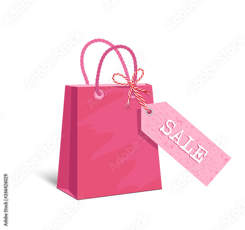Pink shopping bag, paper bag with Sale tag,  advertisement background, Vector illustration isolated on white background
