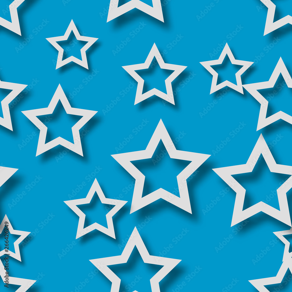 Abstract seamless pattern of randomly arranged white stars with soft shadows on light blue background Abstract seamless pattern of randomly arranged white stars with soft shadows on light blue background