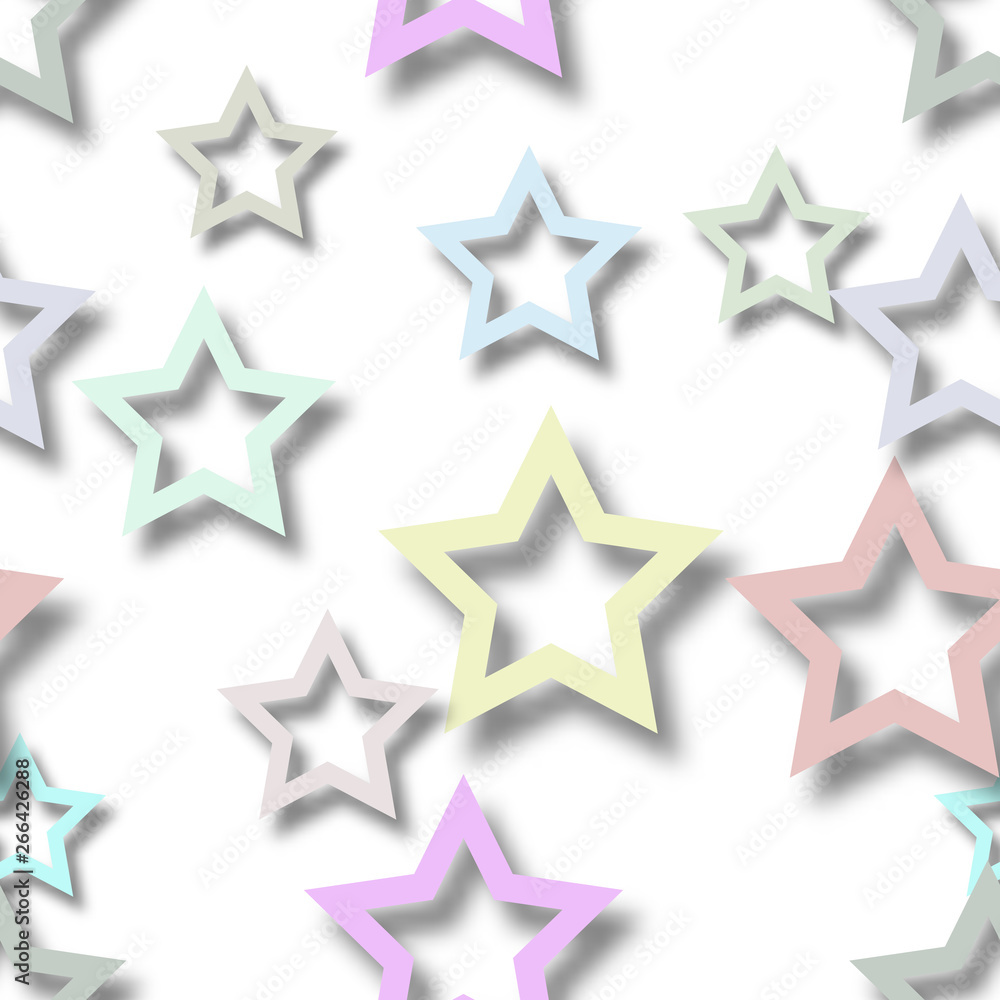 Abstract seamless pattern of randomly arranged colored stars with soft shadows on white background Abstract seamless pattern of randomly arranged colored stars with soft shadows on white background