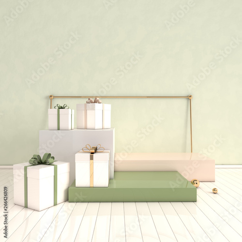 3d rendered interior with geometric shapes, podium on the floor and gift box. Set of platforms for product presentation, mock up background. Abstract composition in modern minimal design