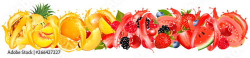 Fototapeta Naklejka Na Ścianę i Meble -  Fruit in juice splash panorama. Strawberry, raspberry, blueberry, blackberry, orange, guava, watermelon, pineapple, mango, peach. Vector.