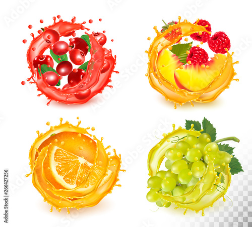 Set of fruit juice splash. Rawberry, orange, grapes, peachy, raspberry, Vector