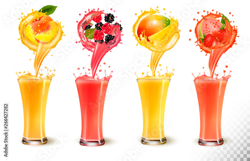 Set of fruit juice splash in a glass. Strawberry, peach, raspberry, mango, blackberry and guava. Vector