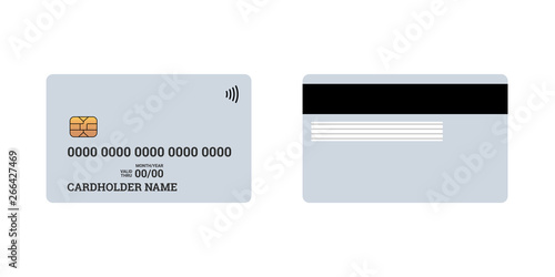 Bank plastic credit or debit contactless smart charge card front and back sides with EMV chip and magnetic stripe. Blank design template mockup. Vector grey illustration