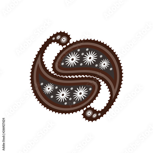 Oriental paisley ornament in gray and brown tones. Stylized yin yang. Vector drawing for packaging, advertising, background design, cafe, restaurant. Feng Shui.