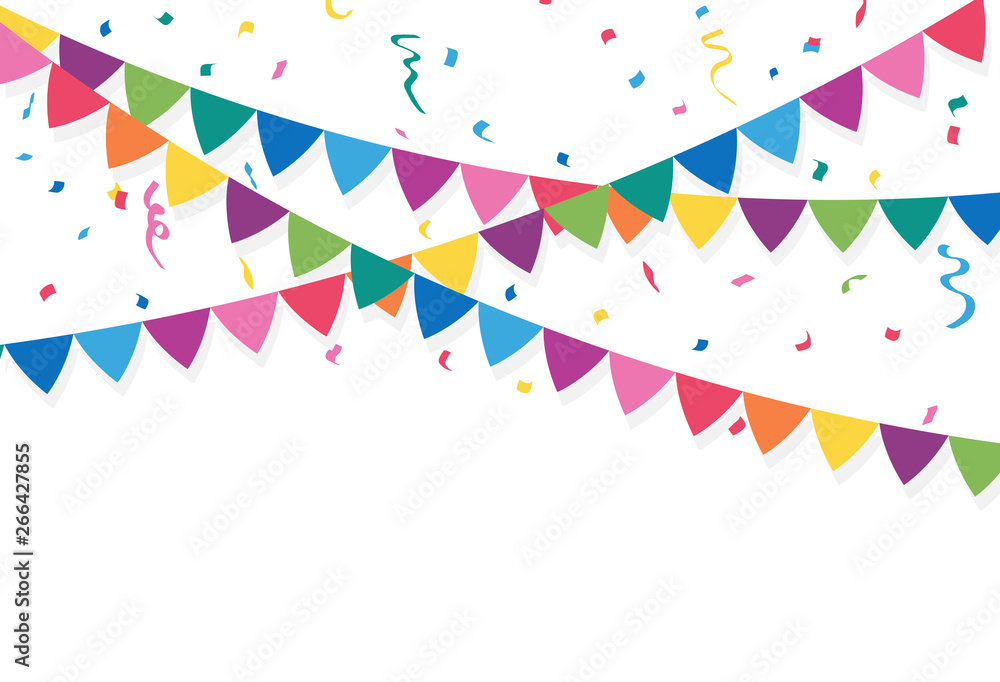 Fototapeta premium Party flags with Confetti And Ribbons. vector