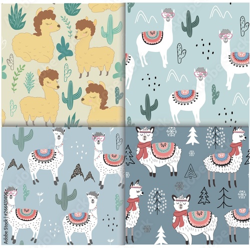 Seamless pattern set with llama and cactus. vector illustration for fabric, textile,wallpaper