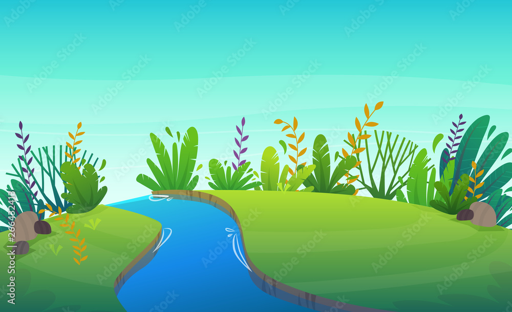 Fotobehang Zeegroen green grass lawn with river at park or forest trees and bushes flowers scenery background , nature lawn ecology peace vector illustration of forest nature happy funny cartoon style landscape #266432413