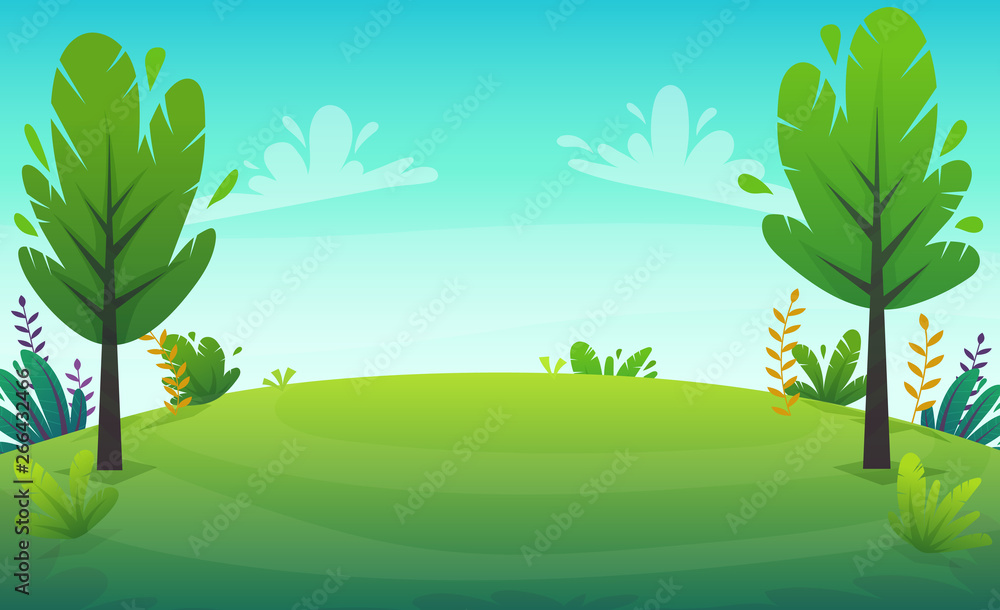 green grass barbeque grill at park or forest trees and bushes flowers scenery  background , nature lawn ecology peace vector illustration of forest nature  happy funny picnic cartoon style landscape Stock Vector |
