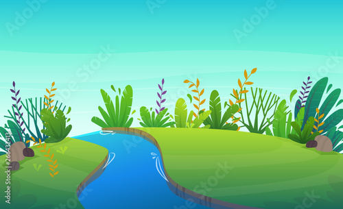 green grass lawn with river at park or forest trees and bushes flowers scenery background , nature lawn ecology peace vector illustration of forest nature happy funny cartoon style landscape