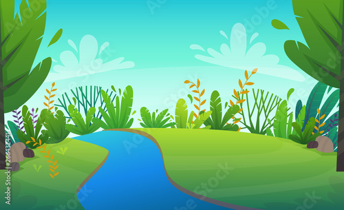 green grass lawn with river at park or forest trees and bushes flowers scenery background , nature lawn ecology peace vector illustration of forest nature happy funny cartoon style landscape
