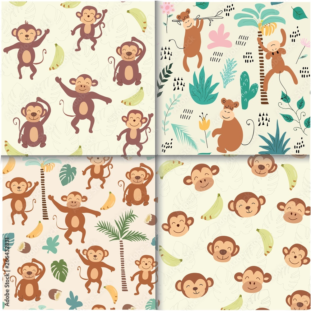 childish jungle texture with monkeys and jungle elements. seamless pattern vector set childish jungle texture with monkeys and jungle elements. seamless pattern vector set