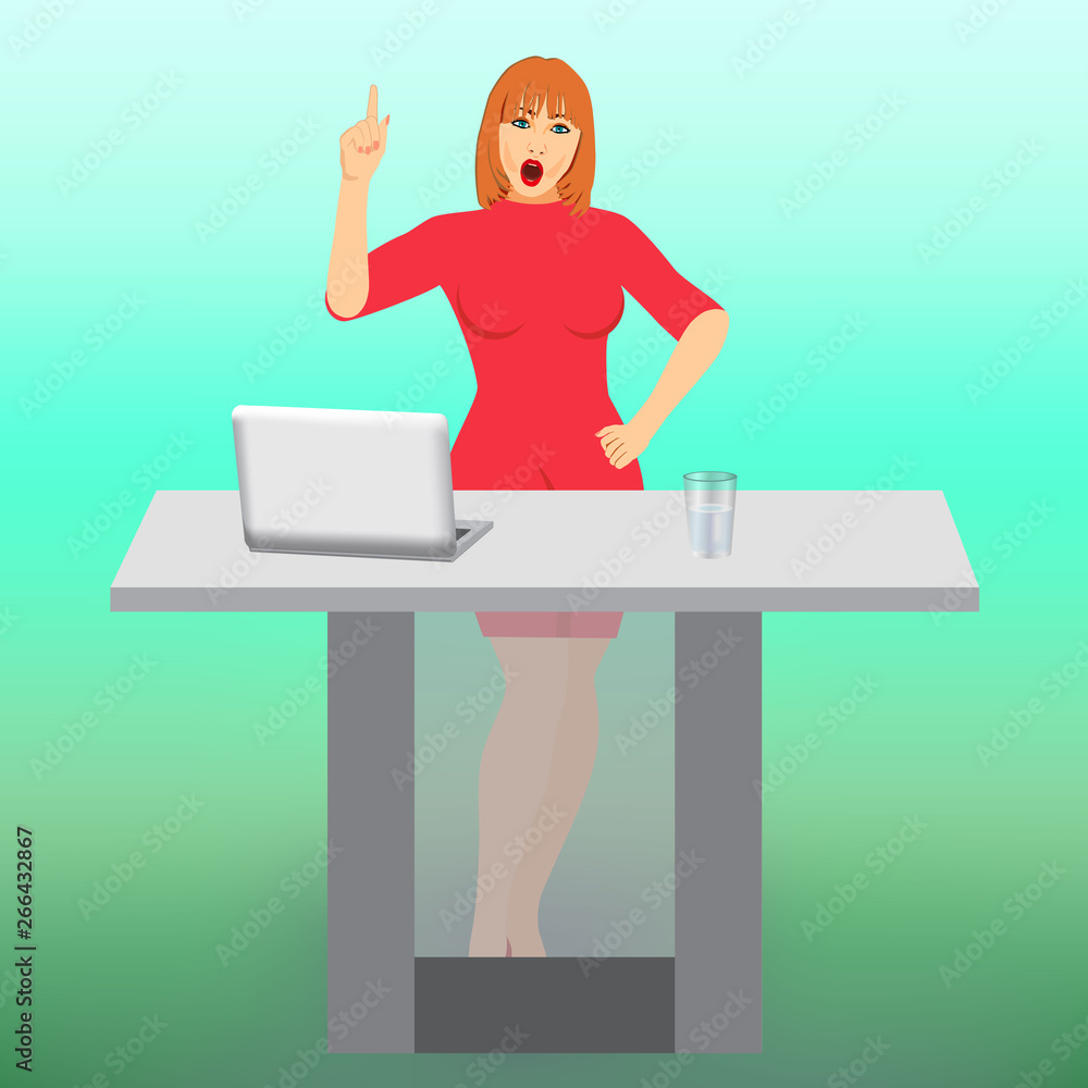Worried business-woman pointing finger up while standing at the reception with laptop isolated on pastel blue background. Copy space