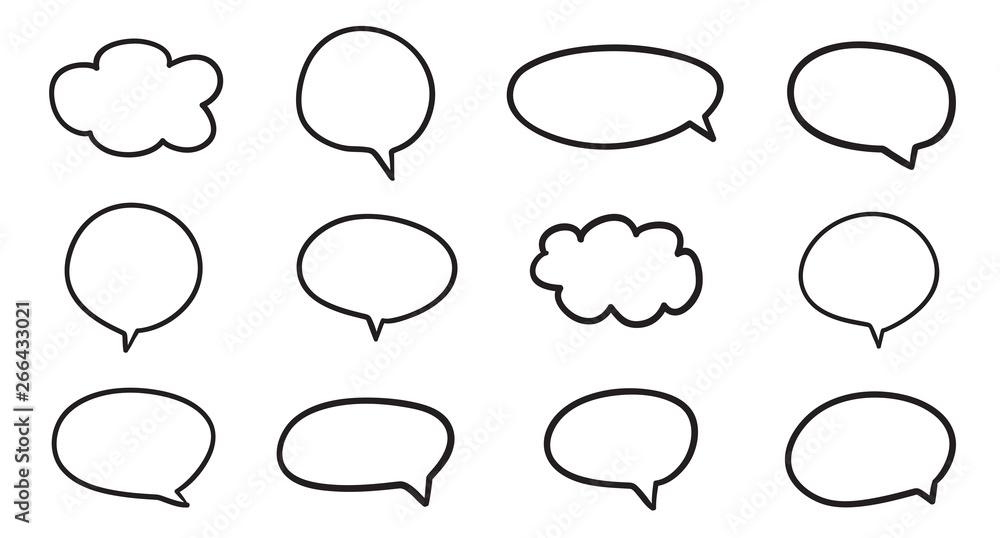 Set of hand drawn think and talk speech bubbles. Abstract symbols on white. Pattern of loot for words. Line art. Collection of different signs. Black and white illustration Set of hand drawn think and talk speech bubbles. Abstract symbols on white. Pattern of loot for words. Line art. Collection of different signs. Black and white illustration