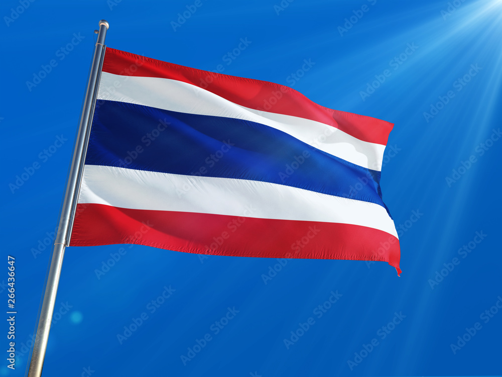 Thailand National Flag Waving on pole against deep blue sky background. High Definition Thailand National Flag Waving on pole against deep blue sky background. High Definition