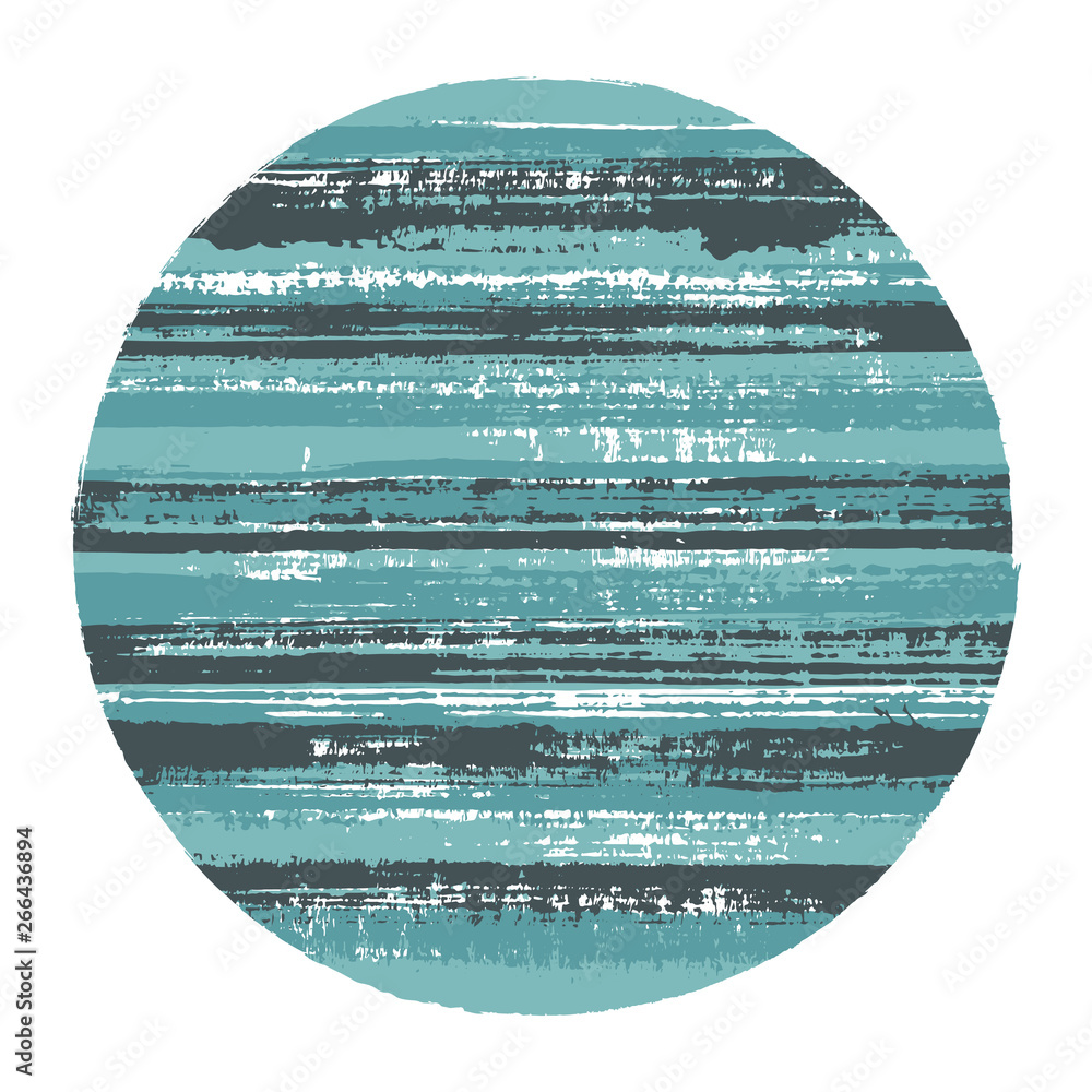 Ragged circle vector geometric shape with striped texture of ink horizontal lines. Old paint texture disc. Stamp round shape circle logo element with grunge background of stripes.