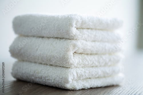 Spa. White Cotton Towels Use In Spa Bathroom. Towel Concept. Photo For Hotels and Massage Parlors. Purity and Softness. Towel Textile © Maksymiv Iurii