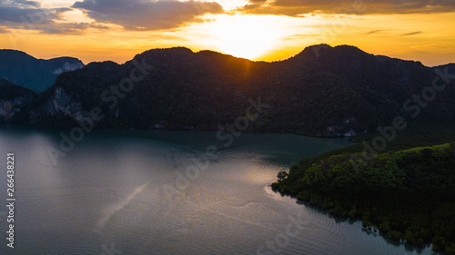 High angle Aerial photo of landscape sunset and Mountain in Krabi Thailand